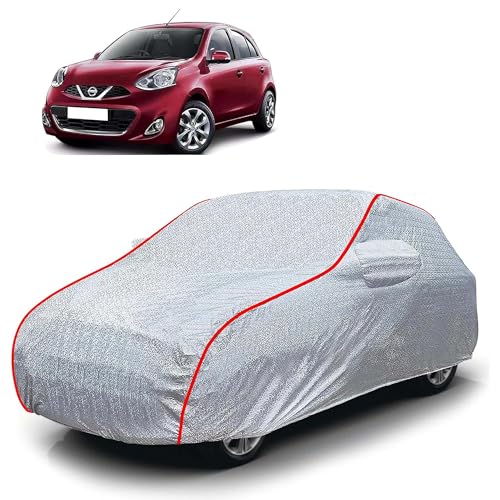 Image of Sulfar 100% Waterproof Car Body Cover Compatible with Mirror for Nissan Micra (Triple Stitched, Full Bottom Elastic, Magic Silver with Red Piping)