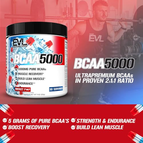EVL BCAAs Amino Acids Powder - BCAA Powder Post Workout Recovery Drink and Stim Free Pre Workout Energy Drink Powder - 5g Branched Chain Amino Acids Supplement for Men - Rocket Pop - Image 4