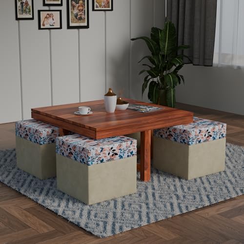 Image of Soild Sheesham Wood Centre Coffee Table with 4 Stools for Living Room Hall Bedroom Office | Wooden Center Coffee Table for Outdoor Garden Home |