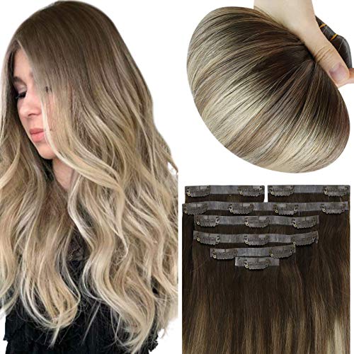 Sunny 130g Hair Extensions Clip in Blonde Ombre 18 inch 7pcs Seamless Clip in Extensions Brown to Golden Blonde Mix Platinum Blonde Ombre Clip in Human Hair
