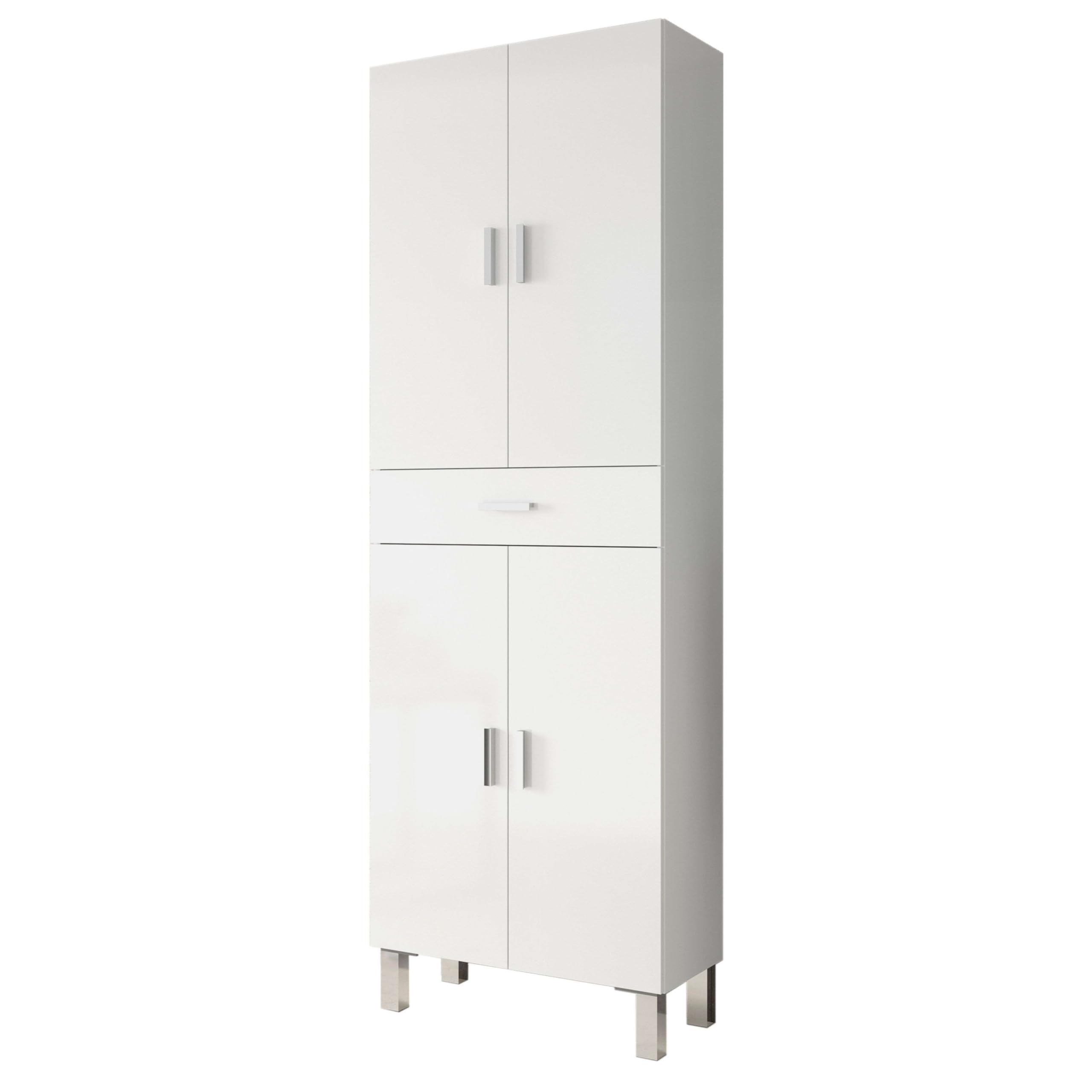Miroytengo Mueble Auxiliar de Baño Galatea Blanco Brillo 60x182 cm Columna de Baño 4 Puertas, 1 Cajón y Estantes Regulables