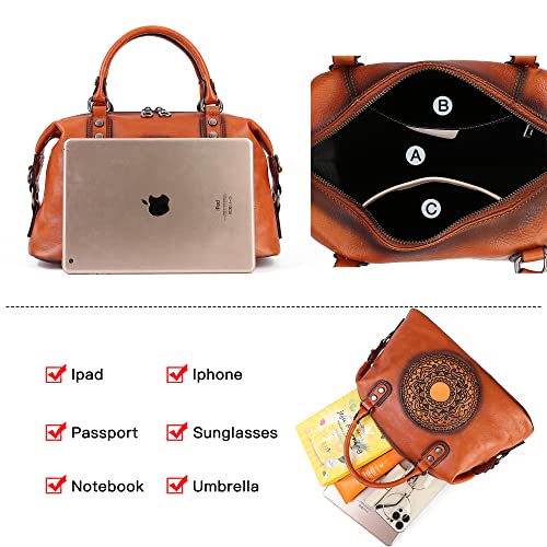 Image of Leather Handbag for Women, Genuine Leather Purses Retro Mandela Crossbody Handbag Tote Bag
