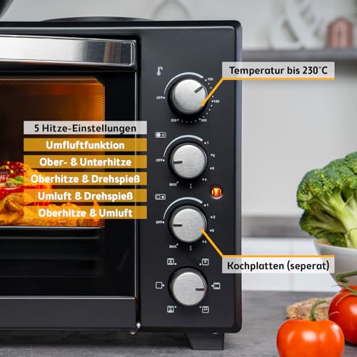 TZS First Austria - Minibackofen mit Kochplatten 45L 3200 W - Mini Backofen Pizzaofen mit Herdplatten bis 230°C & Antihaftbeschichtung - Miniofen Kombigerät mit 4 Einschubhöhen & hochwertigem Zubehör