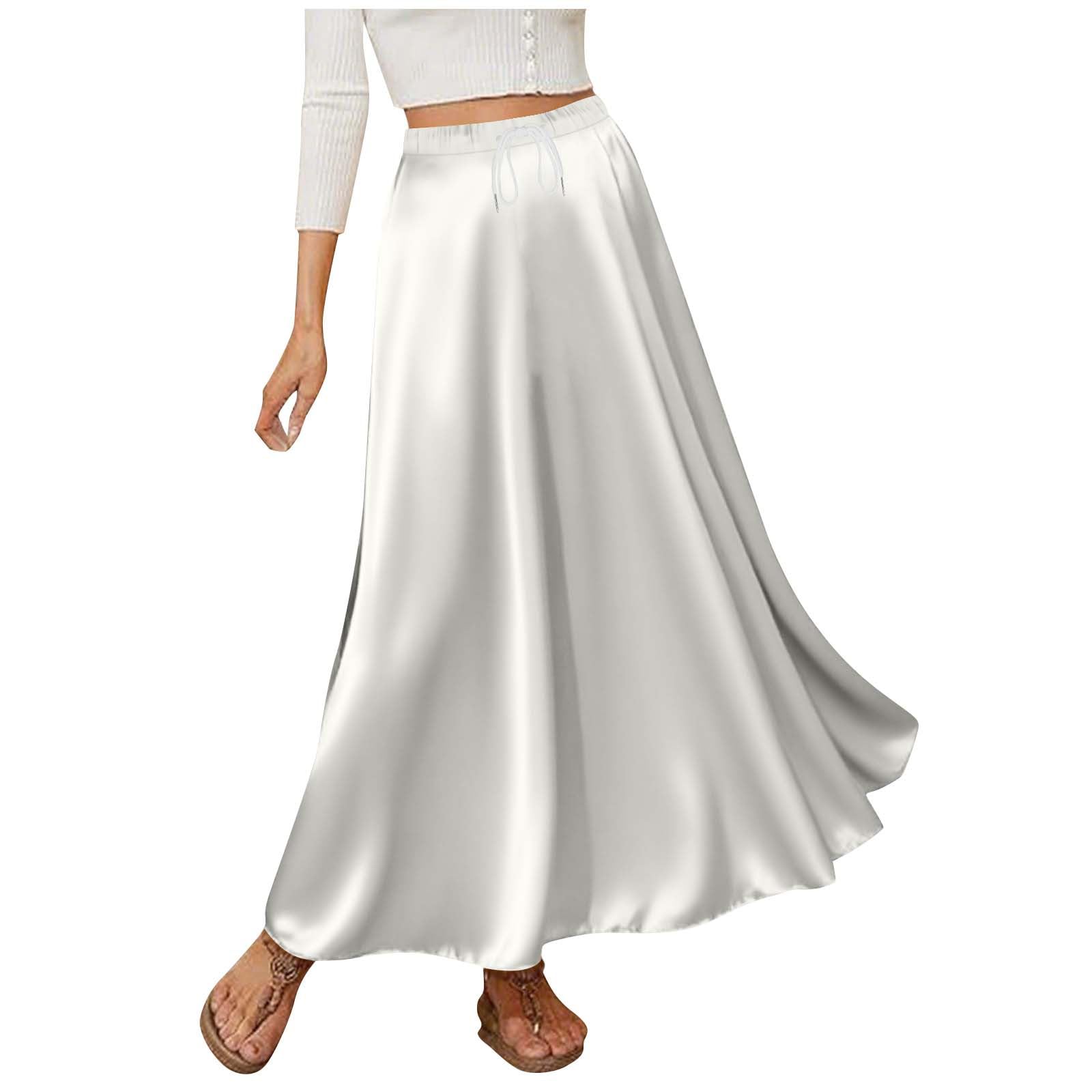 Womens Satin High Waist Elastic Waistband Flared Casual A Line Midi Skirt Fall Skirts 2025 Business Casual Clothes