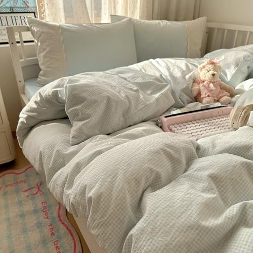 Image of MKXI Blue Gingham Duvet Cover Set King Size - Delicate White Lace Trimmed Soft Washed Microfiber Bedding Set, Vintage Cottagecore Style for Girls & Teens, 3-Piece with Zipper Closure