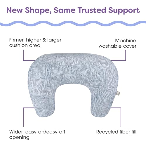 boppy nursing pillow - ergonomic bottle amp breastfeeding pillow with high firm large area water-repellent cushion with washable cover baby safety alliance verified - blue speckled current