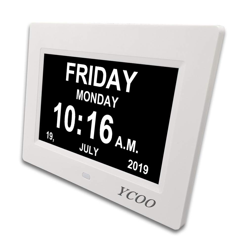 YCOO [Nuova versione] Orologio digitale con calendario con display digitale da 7 pollici, 12 allarmi per persone che vivono con demenza, perdita di memoria e Alzheimer (7 pollici bianco)