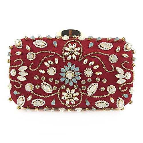 YDoo Pochette exquise de fête pour femme - Pochette de soirée en cristal faite à la main avec strass et perles - Pochette vintage en satin pour femme - Pour fête de mariage (rouge taille unique) Cover