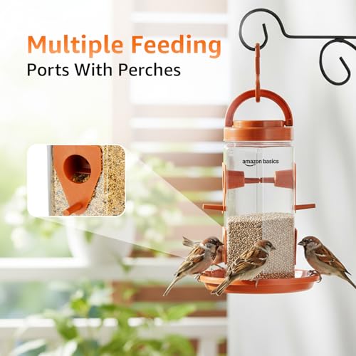 Image of Amazon Basics Hanging Bird Feeder | 500 g Capacity (Set of 2) | Multiple Feeding Ports | Weather-Resistant Food-Grade Plastic | Brown