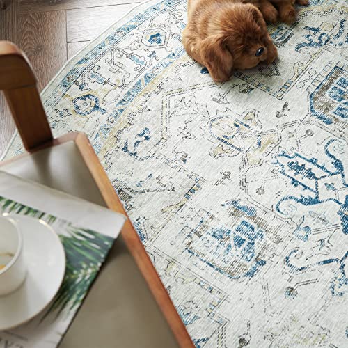 Jinchan Round Rug 5Ft Area Rug Persian Rug Vintage Rug Indoor Floor Cover Print Distressed Light Blue Multi Circle Rug 5X5 Thin Rug Accent Rug For Kitchen Living Room Bedroom Dining Room #TOP13