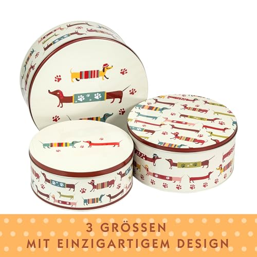 SPOTTED DOG GIFT COMPANY Keksdose Metall, Plätzchendose Set, Gebäckdose Rund - Klein Mittel Groß mit Hunde Motiv, Küchenzubehör Küchen und Backen Geschenke, Dackel Geschenk für Hundebesitzer Frauen