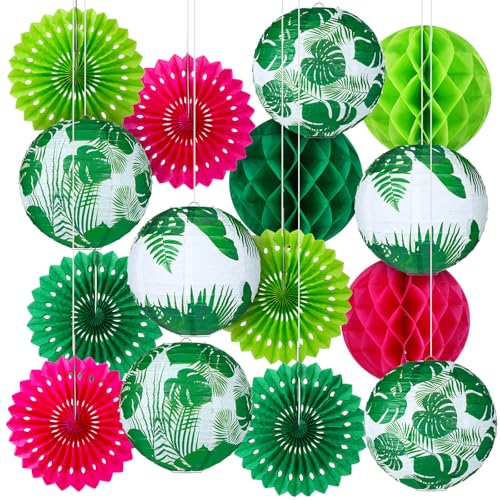 Retisee 18 Pcs Tropical Party Decorations Kit Palm Leaf Paper Lanterns Summer Hanging Decoration Paper Fans Hanging Honeycomb Ball for Hawaii Theme Luau Party Supplies Wedding Home Decor
