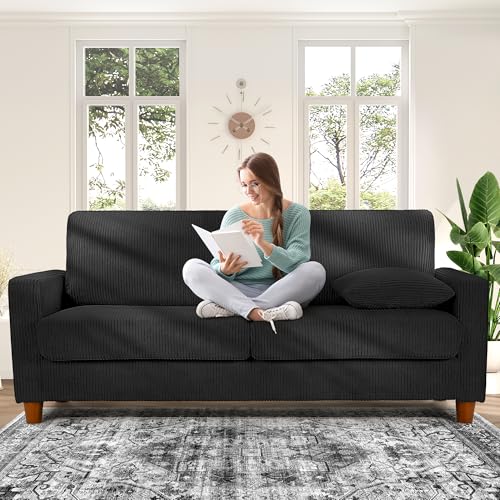 Kidirect Cord Sofa 3 Sitzer, 178CM Bequemes Couch 53CM Extra Tiefe Sitze, Sofa Wohnzimmer Werkzeugfreie Montage, Big Sofa Couch mit 2 Kissen, Modernes Couch fürs Büro, Schlafzimmer Sofas Schwarz
