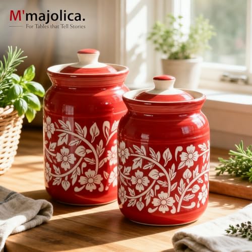 Image of Orange Floral Printed Ceramic Handglazed Pickle Jars Set of 2-1000 ML Each | 1 kg Achaar Martban Barni Jar with Lid | Ceramic Storage Jar Container Pickle /Achar, Chatney
