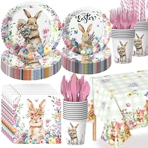 129Pcs Easter Tableware Set Party Supplies,Cute Bunny Egg Decorations Disposable Dinnerware with Plates Napkins Cups Cutlery Tablecloth for Spring Easter Party,Birthday,Baby Shower,Serves 16 Guests