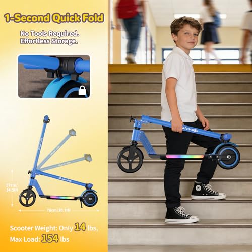 Image of SIMATE Electric Scooter for Kids 6-14, e Kick Scooter with LED Display and Colorful Lights, Adjustable Height and Foldable, Double Brake, Gifts for Kids Girls Boys