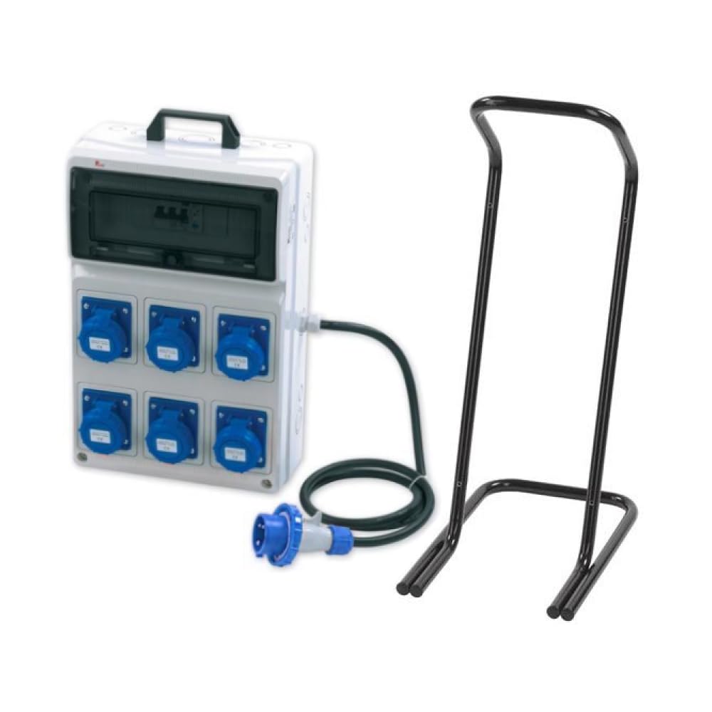 Quadro ASC portatile, 3KW 230V, IP65, 6 prese 2P+T 16A, spina 2P+T 16A, con magnetotermico differenziale, pulsante di emergenza e cavalletto - Rosi 2284C