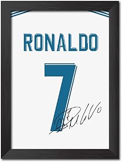 Cristiano Ronaldo Poster Frame Madrid White Jersey Laminated Photo Print with Signature Framed Painting with Matt Finish Black Texture (12 inches x 9inches)