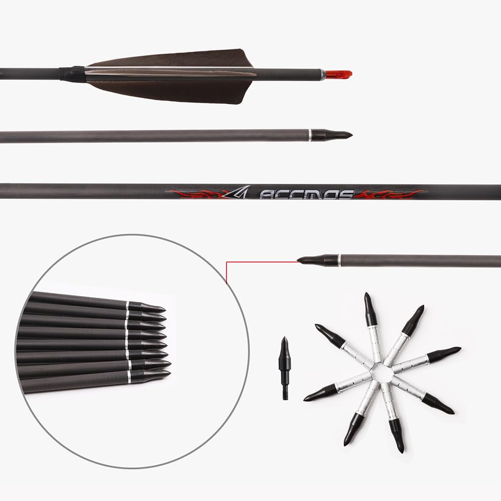12 Piezas Plumas Marrones Flechas Spine 200 250 300 350 400 500 600 700 800 ID 6,2 mm Flecha de Caza, Pluma de Pavo de 4 Pulgadas, para Tiro con Arco