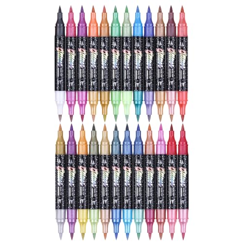 KEMYR Glitter Effect Brush Markers Pens 48 Colors Dual Tip Glitter Pens Set 24 Pack Metallic Sparkle Markers for Cards DIY Crafts Doodle Writing Adults Coloring Books Art Supplies Scrapbooking