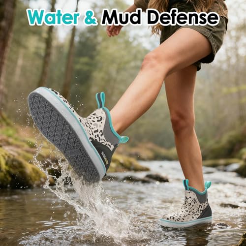 Image of Kalkal Women's Deck Boots, Waterproof Ankle Rain Boots Fishing Boots with High Traction, Women's Rubber Boots For Gardening Fishing Boating Camping