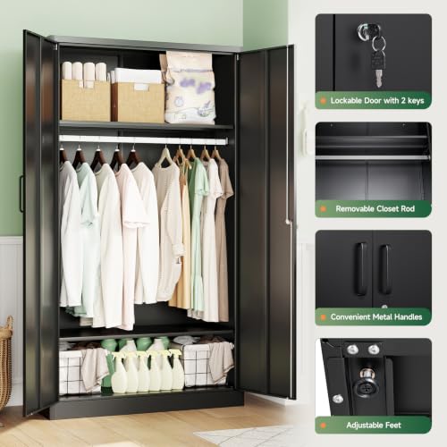 Image of Letaya Metal Wardrobe Cabinets with Lock,Clothing Locker 72 inch X 36 inch X 18 inch Storage Cabinets for Home Room,Fire Department, School, Employee,Gym,Government (Black)