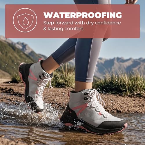 NORTIV 8 Women's Hiking Boots Waterproof Lightweight Outdoor Trekking Comfortable Non-Slip Backpacking Camping Ankle Boot Hollow,Size 7.5,Grey Pink,NWUMHB2501