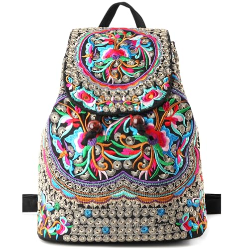 Goodhan Bolsa Mochila Bordada Vintage para Mulheres - Bolsa de Ombro Boho para Viagem, Mini Mochila Floral Étnica, Vermelho, 12x10x5 inch, Mochilas Daypack