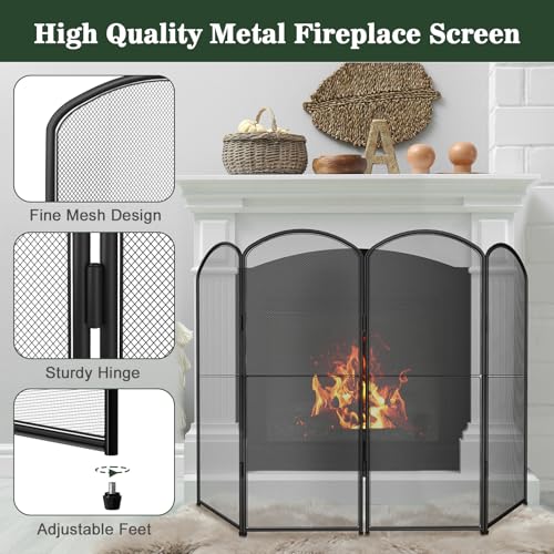 4-Panel Fireplace Screen, 47.8\" W x 31\" H Foldable Wrought Iron Fire Spark Guard, Decorative Metal Mesh Fireplace Cover for Living Room, Fire Cover for Baby,Pet Proof Safety Gate Black