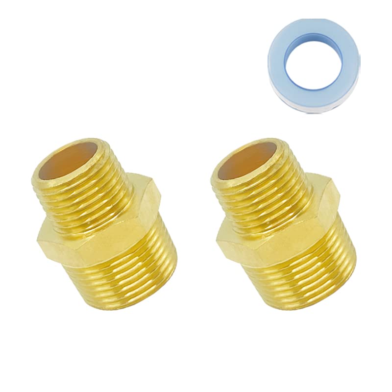 SUNGATOR3/8 Inch NPT x 1/2 Inch Male Hex Nipple Reducer, 3/8'' to 1/2'' Male Brass Pipe Fitting Adapters, Brass Hex Nipple Reducing Connectors with Sealing Tape (2 Pack)