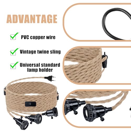 Kit suspension corde chanvre E27 sans percer avec prise et interrupteur - 5