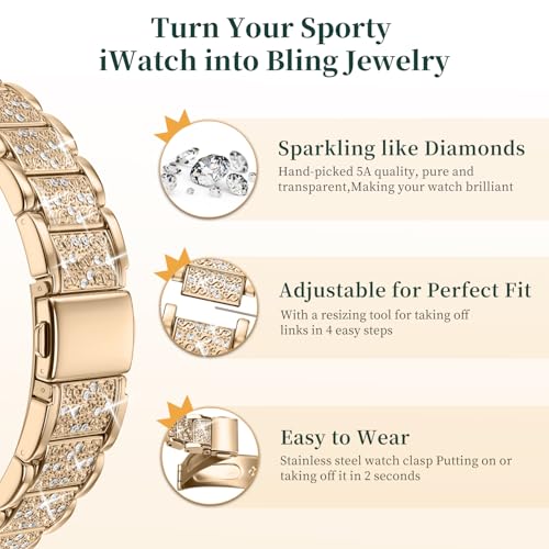 wutwuk Compatible with Apple Watch Straps Serie 11/10 42mm, Metal Sparkling iWatch Strap with Bling Case - Image 4