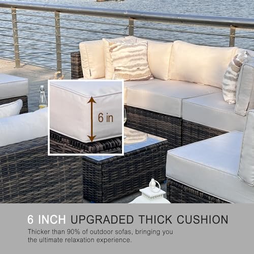 SUSIE'S GARDEN Patio Furniture Set 4 Piece Wicker Outdoor Furniture Sectional 6 Inch Thick Cushion Outdoor Couch Deep Seating w/Coffee Table,Pillows for Porch, Balcony, Brown & Beige - Image 3