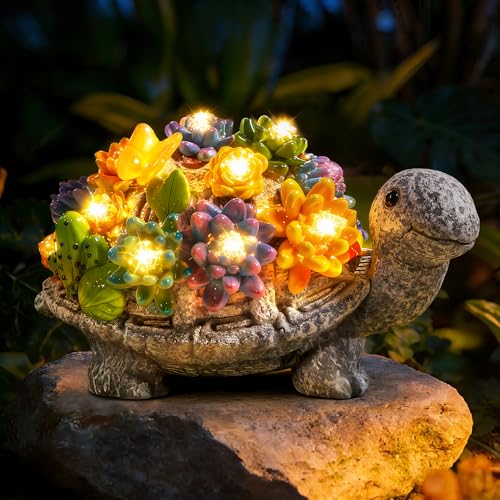 Guhope Solar Garden Statues, Outdoor Solar Turtle Decor with Succulent and 8 LED Lights, Outside Yard Figurine Decor for Garden, Lawn, Patio, Balcony, Porch, Unique Gifts for Mom Grandma