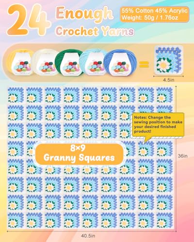 Image of Coopay Crochet Kit for Beginners, Easy 3D Granny Square Blanket Kit, Blue | Crochet Kit W /Video Tutorial & Digital Instructions, All Accessories Included, Easy Knitting to Create Granny Square Blanket