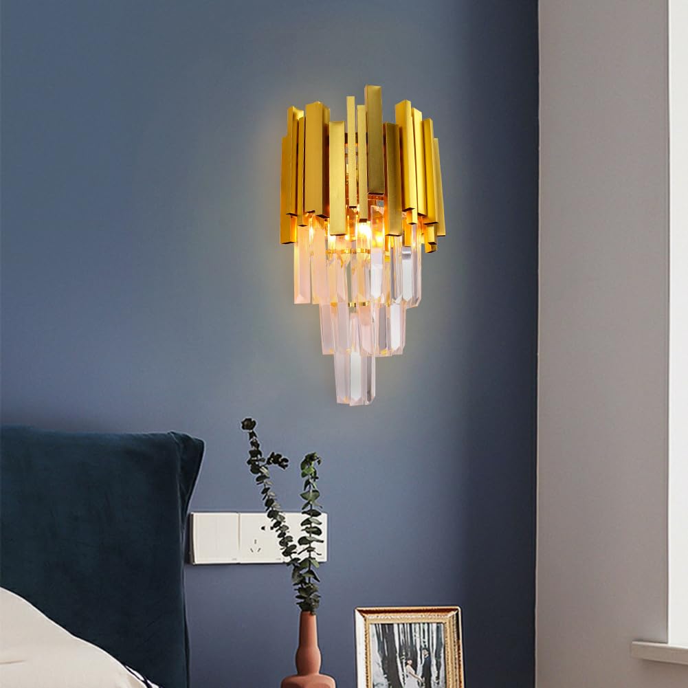 FRIXCHUR Crystal Wandleuchte Gold Square - Nachttischlampe Kristall Nachtlicht für Schlafzimmer, Badezimmer, Flur, Wand Dekor, Treppe, 2*E14