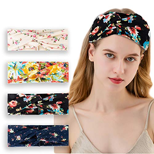 Luxtrip 4 pack Women Headband Criss Cross Head Wrap Hair Band Women's Yoga Running Headbands Sports Workout Hair Bands Vintage Flower Printed
