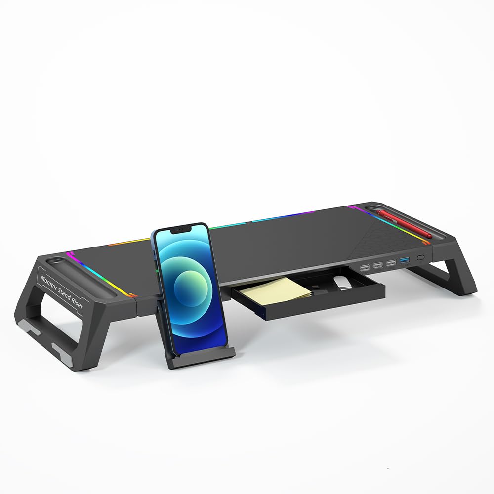 CLAW Dock T6 Monitor & Laptop Stand with 10 RGB Modes, Foldable, 4-Port USB Hub (1x USB 3.0, 3X USB 2.0), Hidden Phone Holder & Drawer, Metal Build, 30kg Load, 130cm Cable for Gaming, Home & Office-image-36
