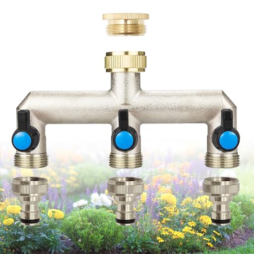 3-Wege Wasserhahn Wasserverteiler, Wasserverteiler 3 Wege mit 4 Stück 3/4 Zoll auf 1/2 Zoll Adapter, Gardena Verteiler 3 Wege mit Separatem Schalter für Küche Garten Waschmaschine