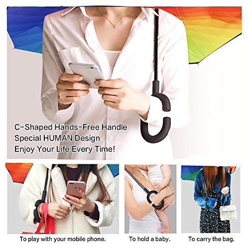 Image of MRTLLOA Double Layer Inverted Umbrella with C-Shaped Handle, Anti-UV Waterproof Windproof Straight Umbrella for Car Rain Outdoor Use (N-Rainbow)