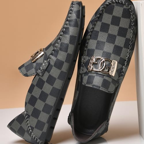 Men's Checkered Slip - on Loafer Casual Flat Shoes: Classy Design with Metal Ornament, Soft Leather for Comfortable Daily and Social Wear4
