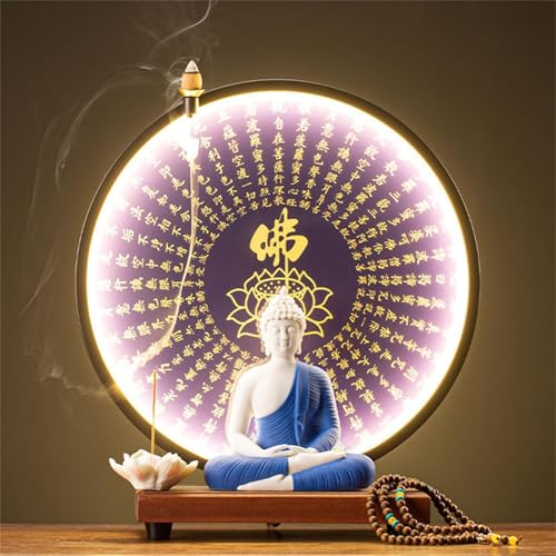LEDライト付き光背付き仏壇セット - 仏壇棚スタンドと陶器/紫土像のセット 祈り、プージャ、そしてご自宅の寺院の装飾に(A)