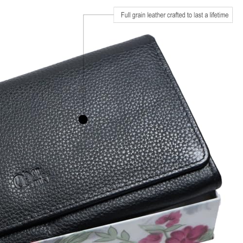 Image of Women's Top Grain Leather Wallet, RFID Blocking Bifold clutch, 17 Card Slots, Zip Pocket Organizer, Elegant Gift for Women - Birthday, Valentine, Anniversary - SILKY BLACK