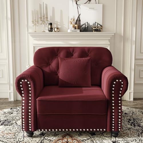 Image of KEIKI 41 inch Velvet Chesterfield Sofa with Rolled Arms & Nailhead Trim & 1 Ottoman, Modern 1-Seater Button Tufted Couch with High Resilience Cushion & 1 Pillow, Easy Assembly, for Living Room, Burgundy