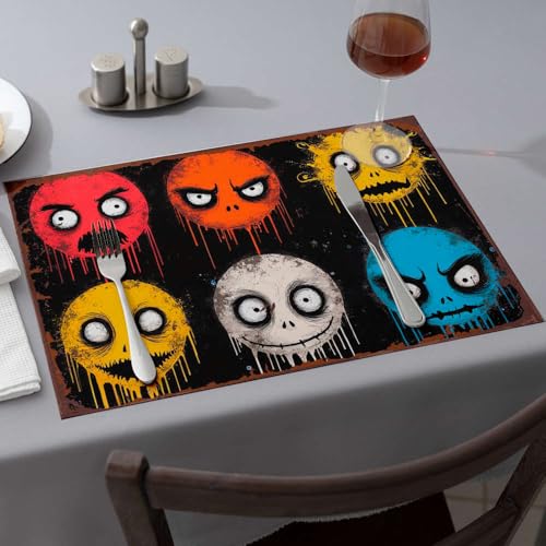 Nappe occidentale et set de table bleu coloré motif visage effrayant - 2