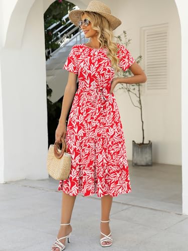 Image of Lyrur Women's Dresses Casual Summer Tiered Midi Dress Short Sleeve Belted Ruffle Babydoll Boho Sundress with Pockets