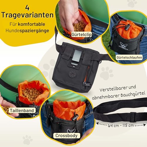 Hundefreund Leckerlibeutel für Hunde – Kleiner Futterbeutel fürs Hundetraining mit 4 Tragevarianten & 4 Fächern – Leckerlitasche mit Kotbeutelspender, wasserabweisend (14 x 11 x 4 cm)