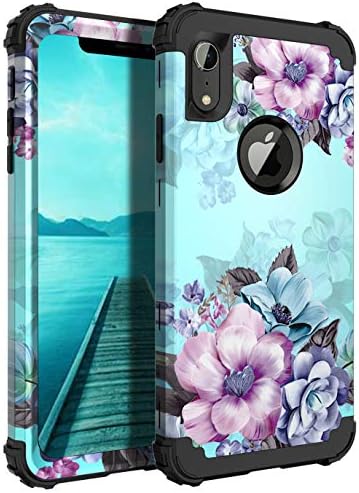 Casetego Compatible with iPhone XR Case,Floral Three Layer Heavy Duty Hybrid Sturdy Shockproof Full Body Protective Cover Case for Apple iPhone XR 6.1 inch,Blue Flower
