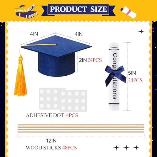 Image of Breling 48 Pcs Blue and Gold Graduation Centerpiece Sticks Felt Graduation Scroll Diploma and Grad Cap with Tassel Decor 2026 Table Toppers Centerpiece Party Supplies for Grad Party Decorations