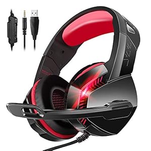 PHOINIKAS PS4 Gaming Headset with 7.1 Surround Sound, PC Headset with Noise Canceling Mic & LED Light, H3 Over Ear Headphones for Nintendo Switch, PS5, Xbox One, Laptop (Red)